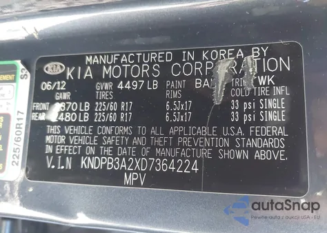 2013 Kia Sportage Lx z USA, uszkodzony, nr VIN KNDPB3A2XD7364224